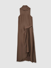 Reiss | Satin Tuck-Detail Cape Midi Dress in Taupe Brown