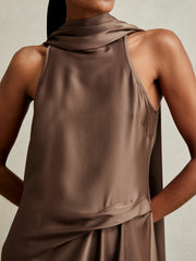 Reiss | Satin Tuck-Detail Cape Midi Dress in Taupe Brown