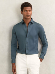 Reiss | Cotton-Jersey Button-Through Shirt in Airforce Blue