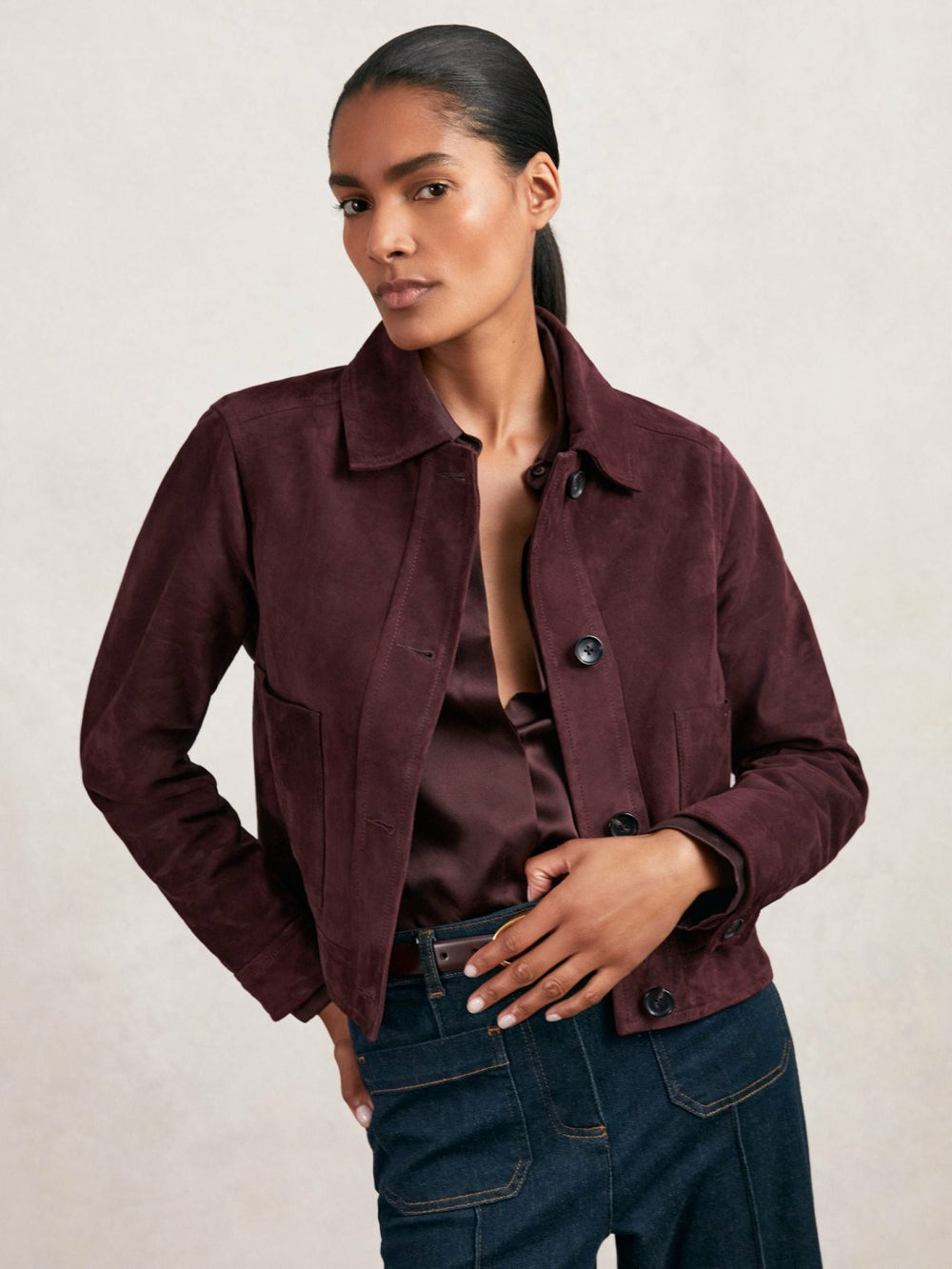 Reiss | Suede Button Through Jacket in Burgundy