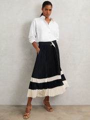 Reiss | Belted Pleated Midi Skirt in Navy/Ivory