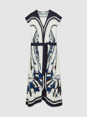 Reiss | Scarf-Print V-Neck Belted Midi Dress in Blue/Brown