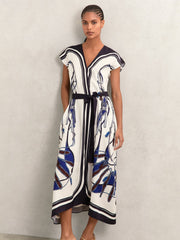 Reiss | Scarf-Print V-Neck Belted Midi Dress in Blue/Brown