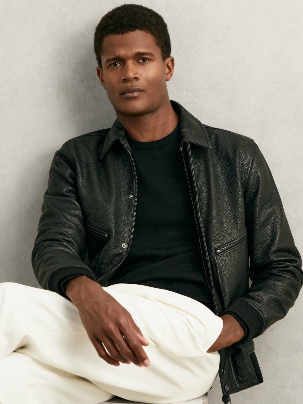 Reiss | Grained Leather Zip Through Jacket in Black