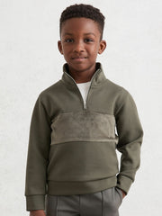 Reiss | 3-9 yrs Slim Fit Half-Zip Funnel Neck Velour Sweatshirt in Dark Sage Green