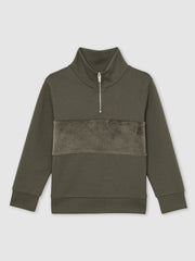 Reiss | 3-9 yrs Slim Fit Half-Zip Funnel Neck Velour Sweatshirt in Dark Sage Green