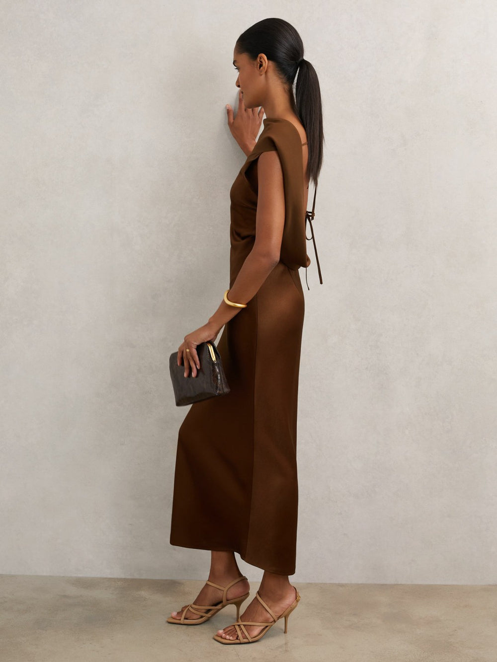 Reiss | Petite Back Detail Midi Dress in Bronze