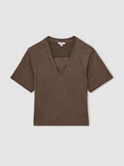 Reiss | Linen V-Neck T-Shirt in Brown