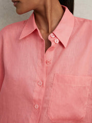 Reiss | Oversize Linen Cropped Shirt in Pink