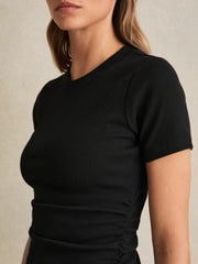 Reiss | Stretch-Cotton Ruched Ribbed T-Shirt in Black
