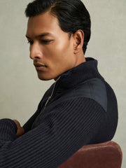 Reiss | Hybrid Quilt and Knit Zip-Through Jacket in Navy