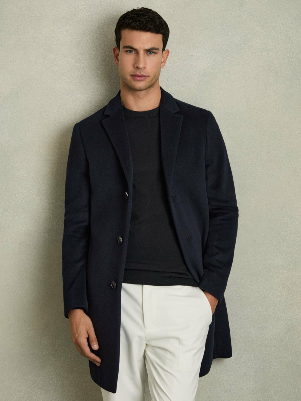 Reiss | Wool Blend Single Breasted Epsom Overcoat in Navy