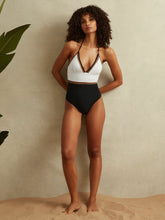 Reiss | Colourblock Halter Swimsuit in White/Tan