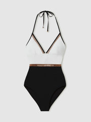 Reiss | Colourblock Halter Swimsuit in White/Tan