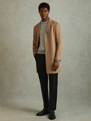 Reiss | Wool Blend Single Breasted Epsom Overcoat in Camel