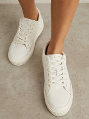 Reiss | Grained Leather Platform Trainers in White