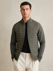 Reiss | Hybrid Quilt and Knit Zip-Through Jacket in Sage