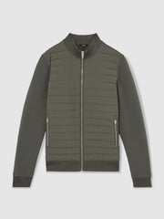 Reiss | Hybrid Quilt and Knit Zip-Through Jacket in Sage