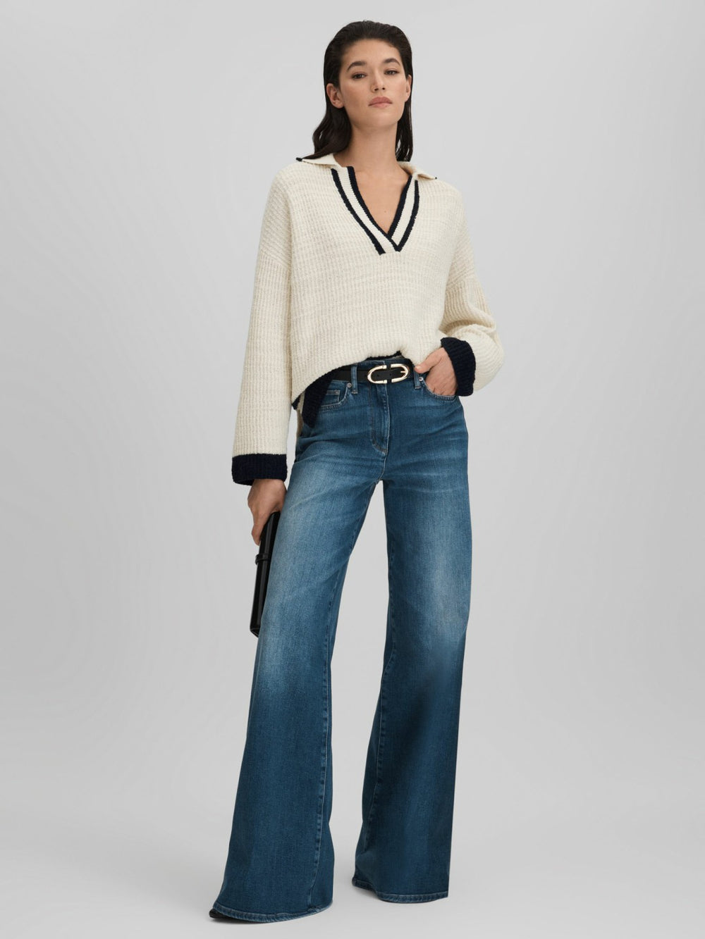 Reiss | Wool Blend Open Collar Jumper in Cream/Navy