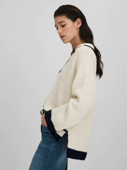 Reiss | Wool Blend Open Collar Jumper in Cream/Navy