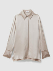 Reiss | Silk Double-Cuff Button-Through Shirt in Champagne