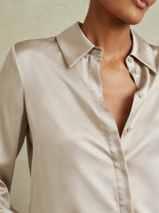Reiss | Silk Double-Cuff Button-Through Shirt in Champagne