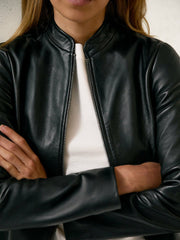 Reiss | Leather Collarless Biker Jacket in Black
