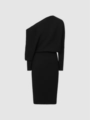 Reiss | Off-The-Shoulder Ribbed Midi Dress in Black