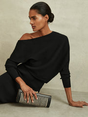 Reiss | Off-The-Shoulder Ribbed Midi Dress in Black