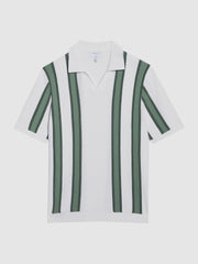 Reiss | Open Collar Striped Polo T-Shirt in White/Sage