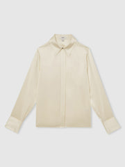 Reiss | Silk-Satin Concealed-Placket Shirt in Ivory