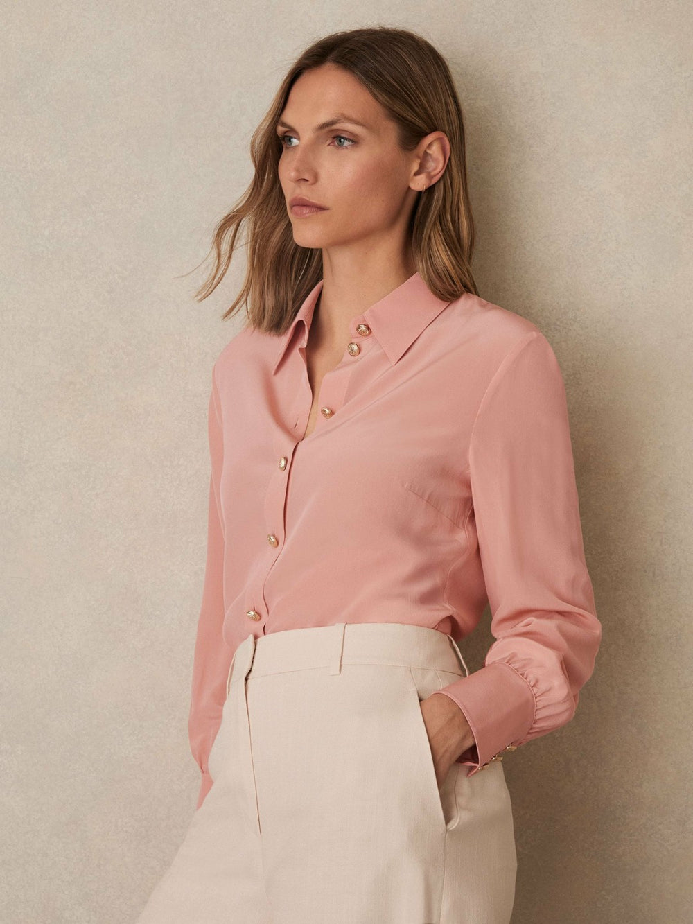 Reiss | Silk Embossed-Button Shirt in Pink