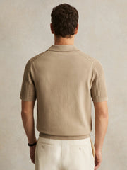 Reiss | Micro-Cable Open-Collar Cotton-Blend Shirt in Light Camel Brown