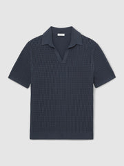 Reiss | Micro-Cable Open-Collar Cotton-Blend Shirt in Dark Airforce Blue