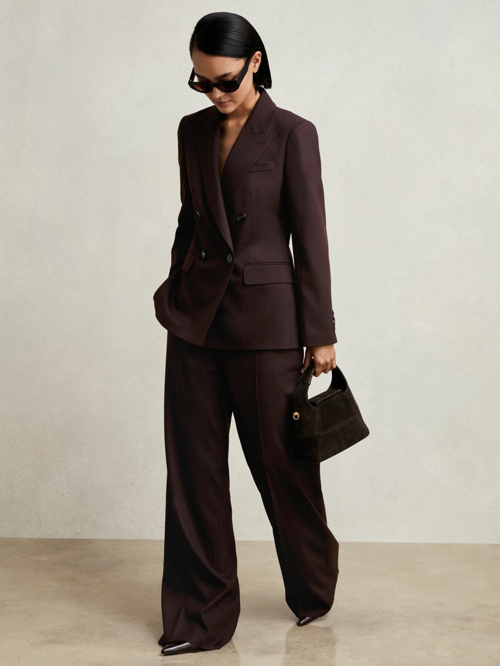 Reiss | Wool-Blend Wide-Leg Suit Trousers in Aubergine