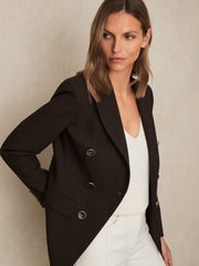 Reiss | Petite Wool-Blend Double-Breasted Blazer in Chocolate Brown