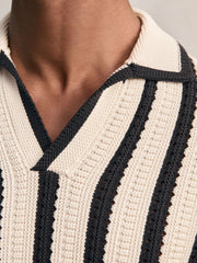 Reiss | Cotton Blend Stripe Knit Polo Shirt in Off White/Navy