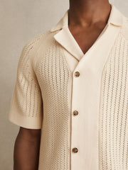 Reiss | Cotton Textured-Knit Cuban-Collar Shirt in Light Stone