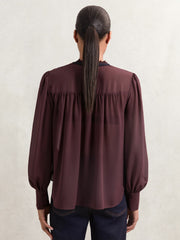 Reiss | Lace-Embroidered Tie-Neck Shirt in Burgundy