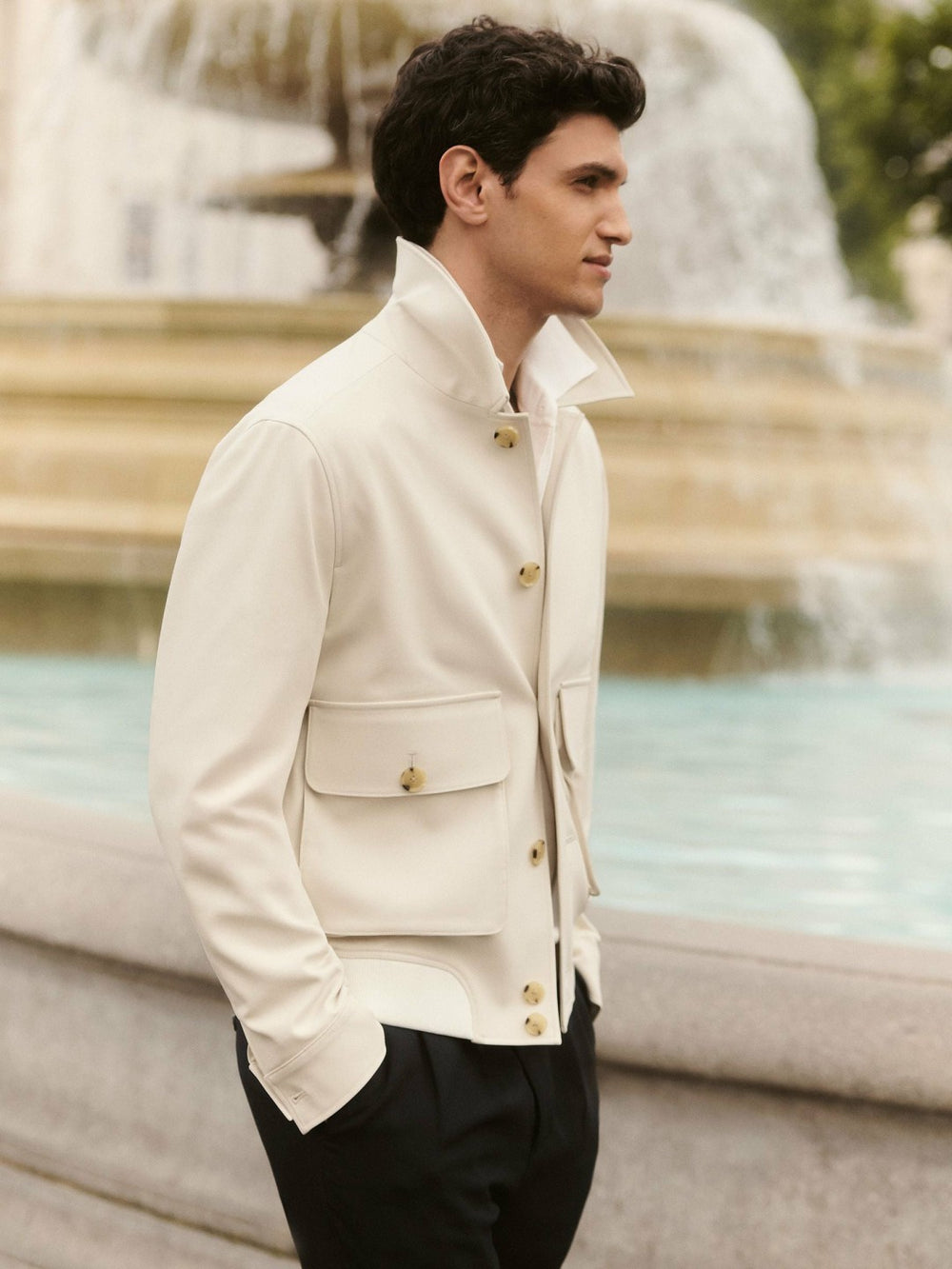 Reiss | Cotton-Blend Button-Through Jacket in Light Stone