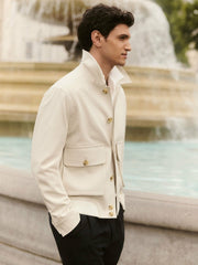 Reiss | Cotton-Blend Button-Through Jacket in Light Stone