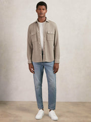 Reiss | Textured Twin Pocket Cotton Blend Overshirt in Oatmeal Brown Melange