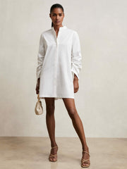 Reiss | Cotton Gathered Cut-Out Shirt Dress with Stretch in Ivory