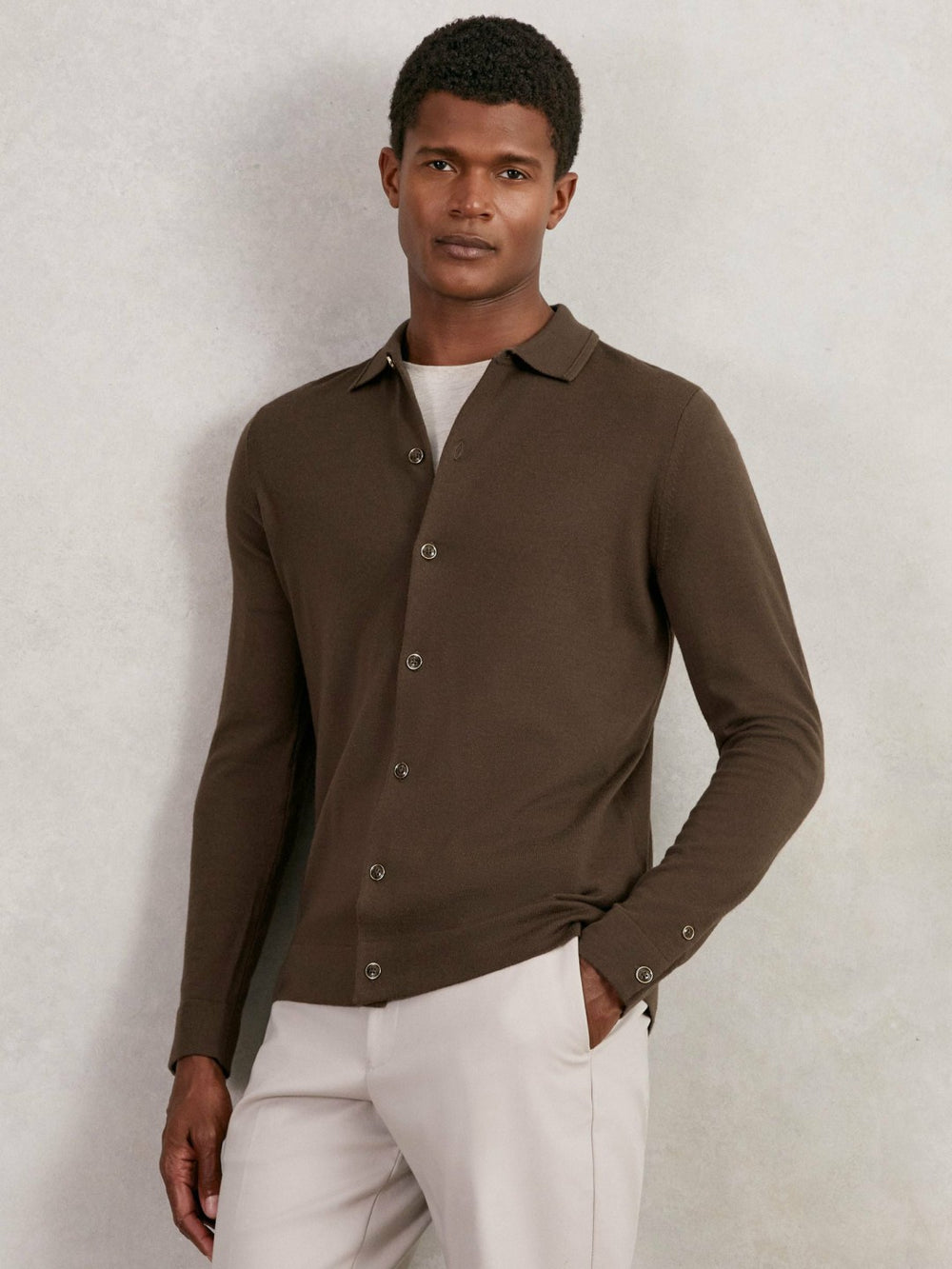 Reiss | Merino Wool Button-Through Cardigan in Chocolate Brown