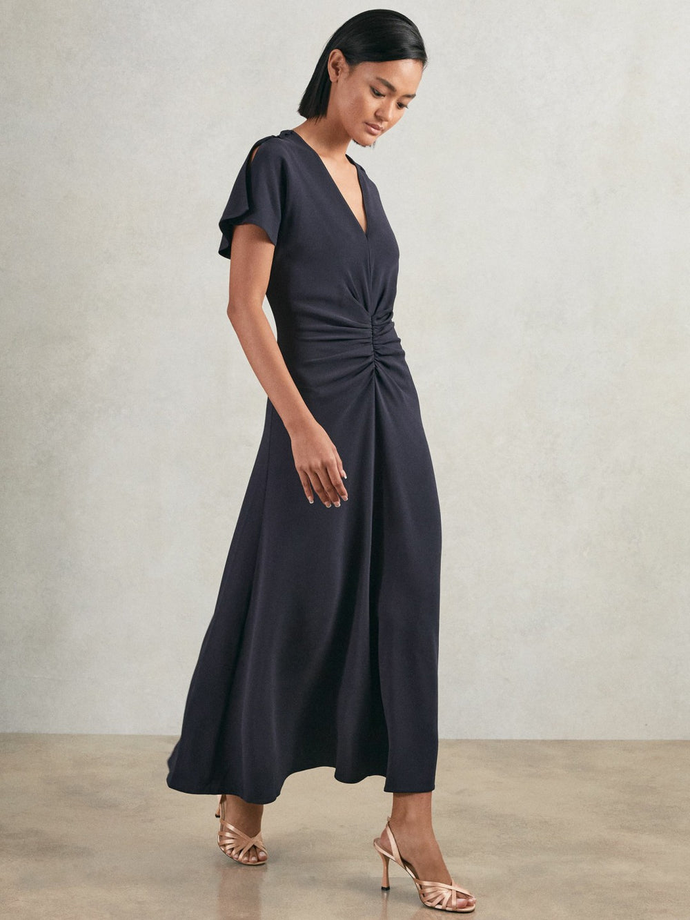 Reiss | Ruched-Front Midi Dress in Navy