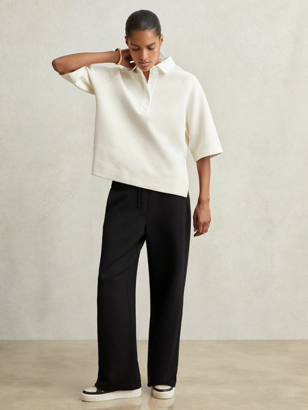Reiss | Wide-Leg Interlock Drawstring Joggers in Black