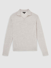 Reiss | Merino Wool Open-Collar Polo Shirt in Wicker Brown Melange