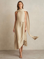 Reiss | Satin Tuck-Detail Cape Midi Dress in Champagne Neutral