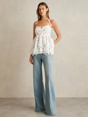 Reiss | Cotton Cut Out Lace Cami Top in Ivory