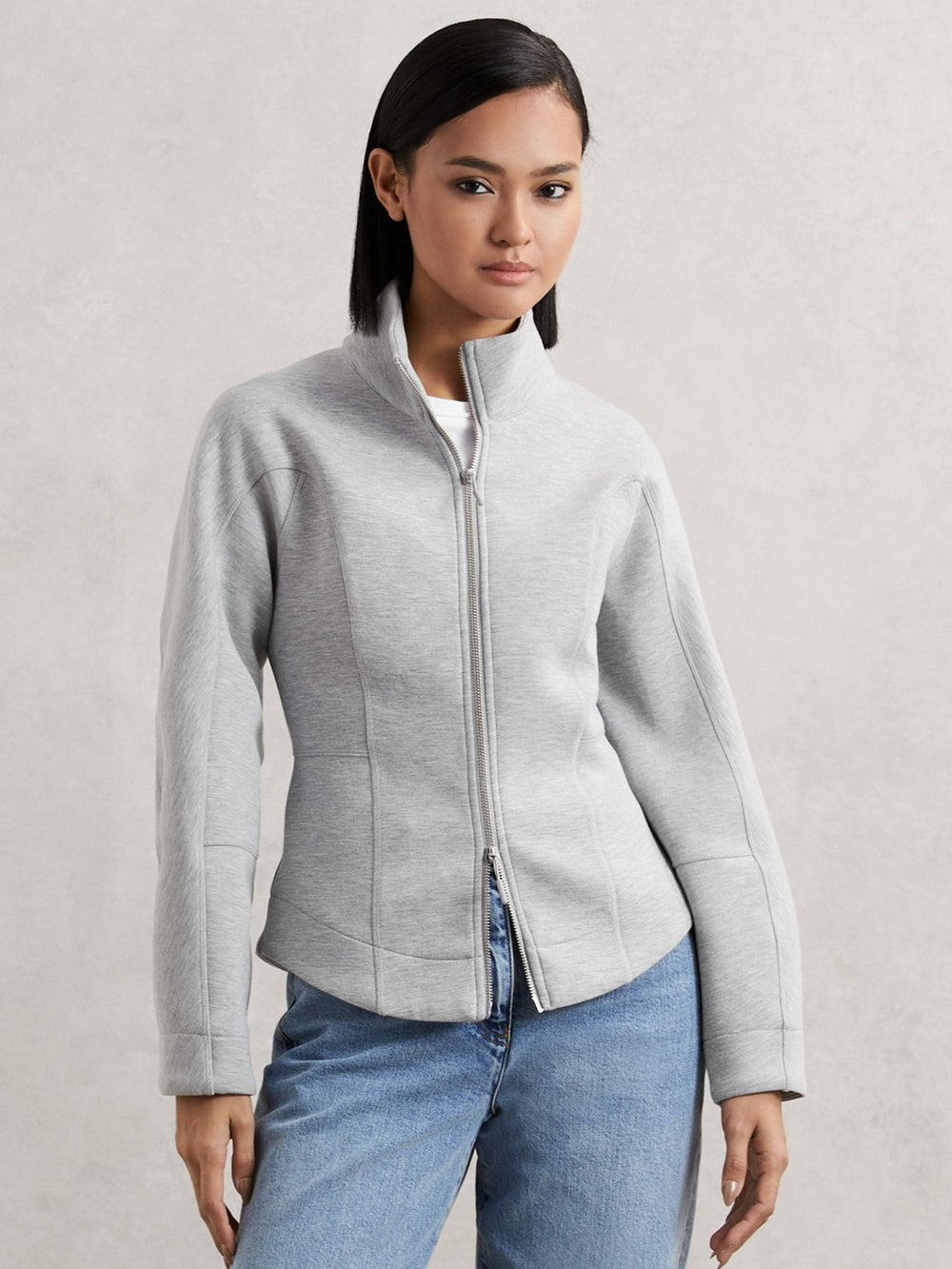 Reiss | Funnel-Neck Zip-Through Sweatshirt in Grey